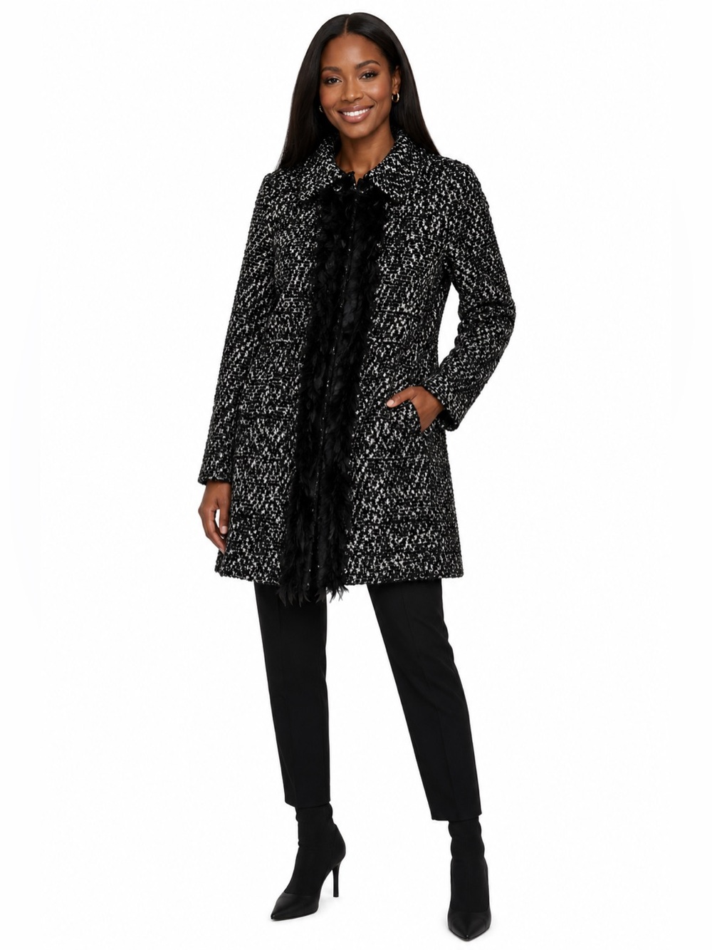 Nanette Lepore Black & White Tweed Feather Trim Coat Jacket Size 8 Made in USA